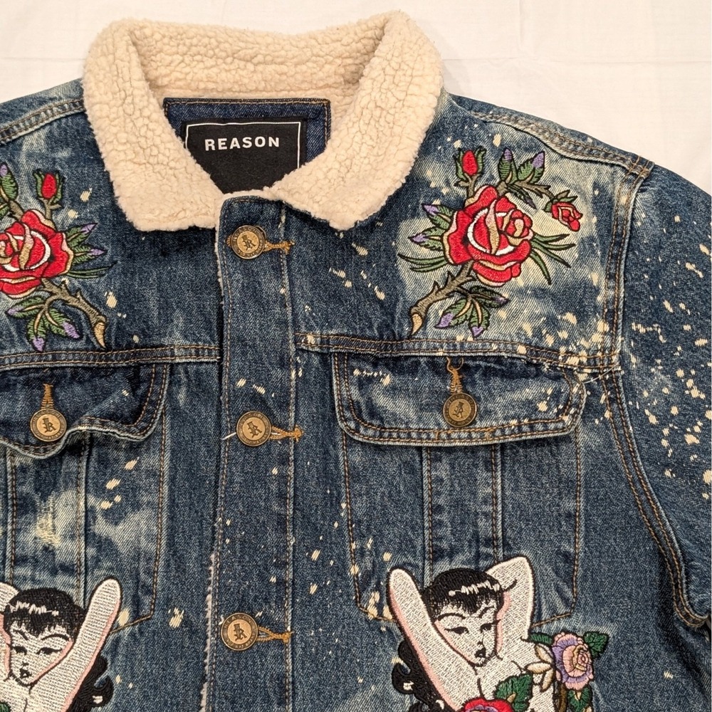 Reason Denim Sherpa Trucker Jacket L Death Before Dishonor Embroidery Distressed - Picture 4 of 14